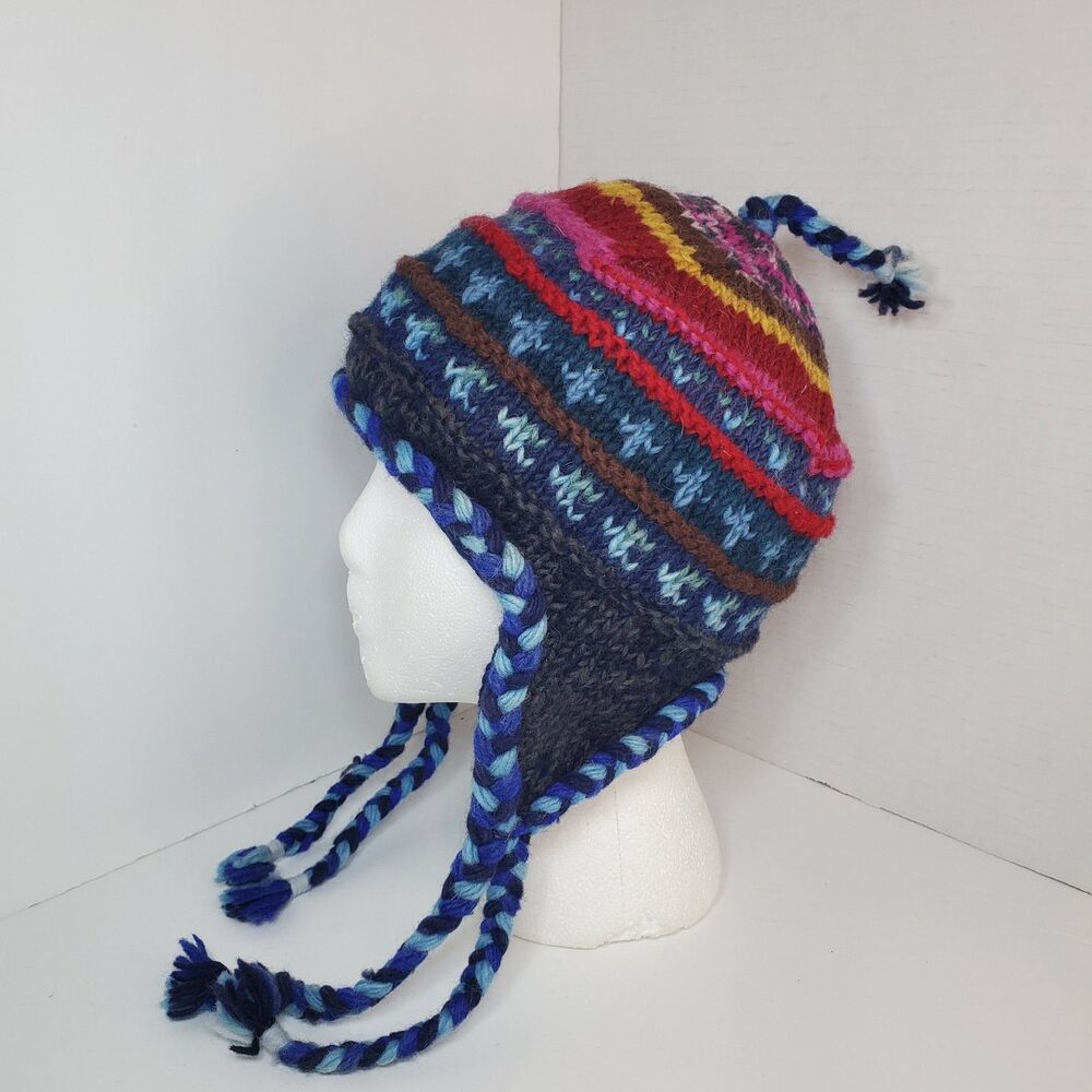 Vtg Wool Fair Isle Beanie Hat Made In Nepal Multicolored Boho Snowboard Winter